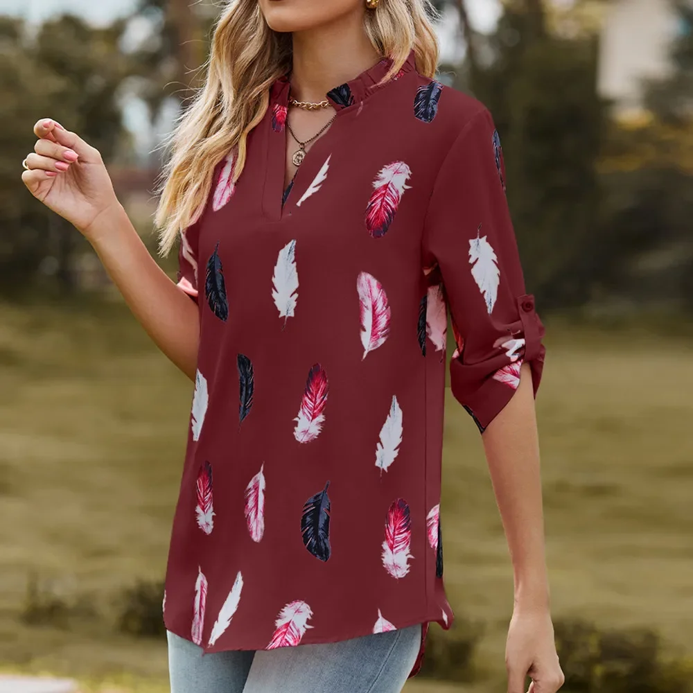 Women's Shirts & Blouses for Women Lady Elegant Top Feather Korean Popular Clothes Summer Trend Chiffon Red Female Clothing