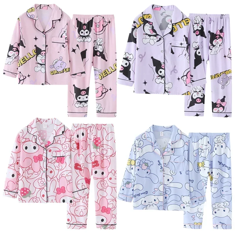 

Cute Cartoon Sanrioed Kuromi Cinnamoroll My Melody Children's Pajama Set Kawaii Printed Long Sleeved Top Pants Home Clothing