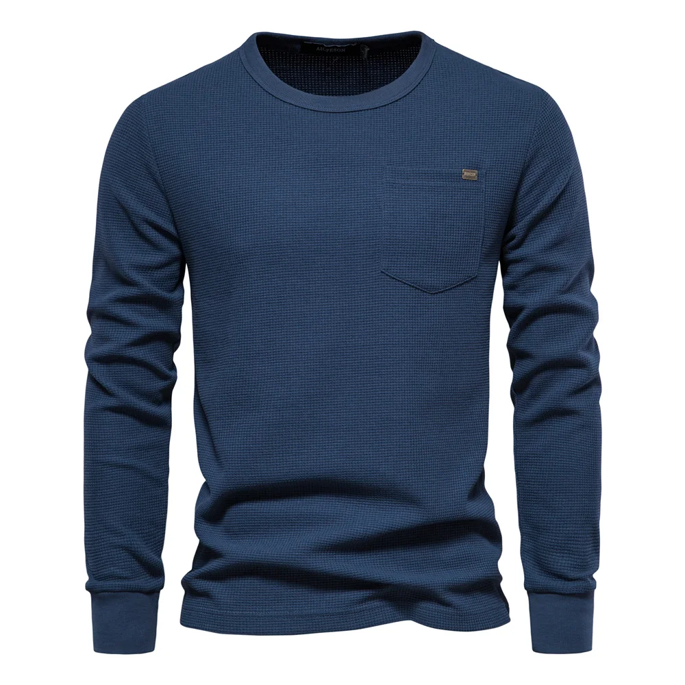 Men's Waffle Knit Long Sleeve Cotton T-Shirt - Solid Color with Single Pocket