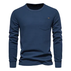 Men's Waffle Knit Long Sleeve Cotton T - Shirt - Solid Color with Single Pocket - EUR S 60 - 70kg (Navy)