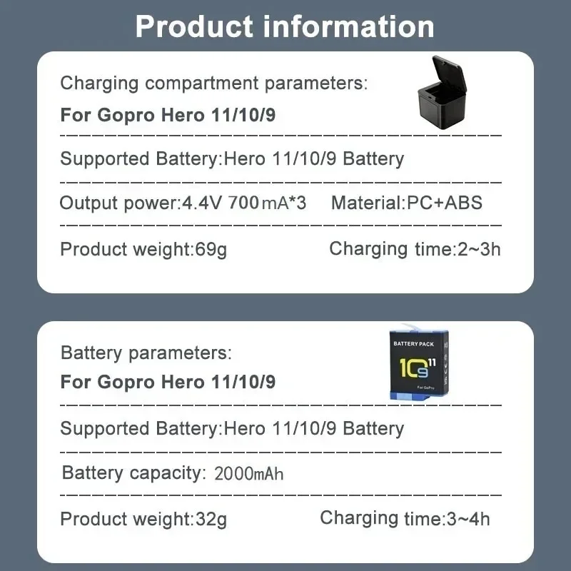Batterie et Chargeur pour GoPro Hero 12/11/10/9 - Lot de 1 à 5