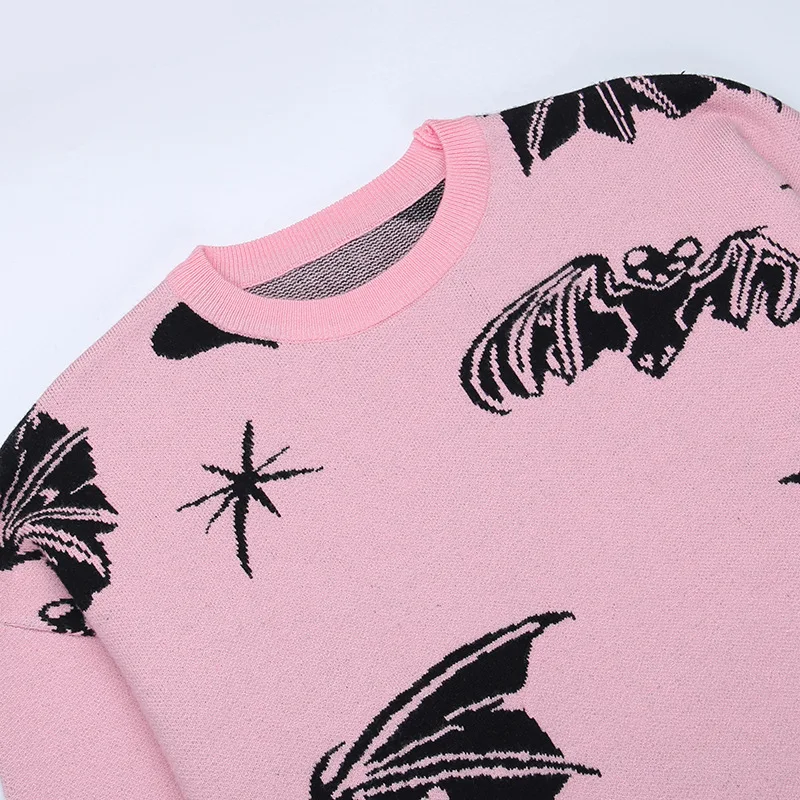 Y2K Gothic Bat Print Black Sweater Fairy Grunge Fashion Winter Aesthetic Pink Black Pullover Harajuku Long Sleeve Top