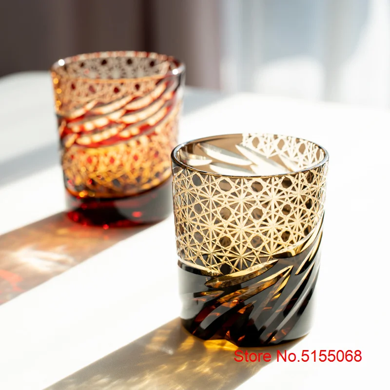 Japanese Vintage Edo Kiriko Whiskey Cup High Grade Crystal Wine Glass Dragon Eye Pattern Medieval Hand Cut Whisky Glass Gift Box