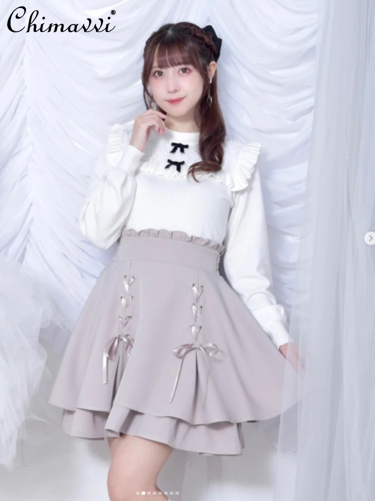 2023 Summer Japanese Style Sweet Double-Layer Skirt High Waist Women's Bandage A- Line Skirt Pure Color Mini Skirt Girls