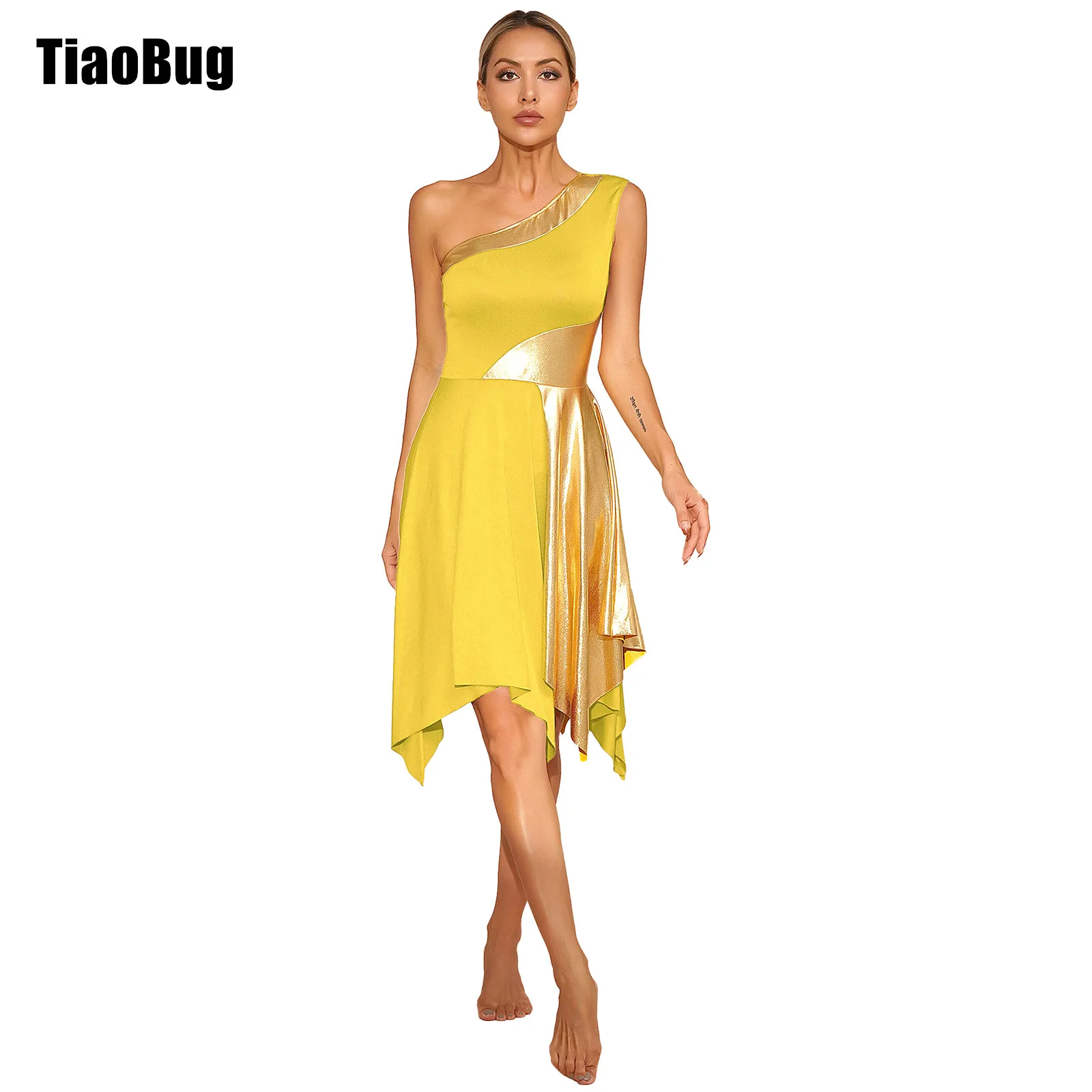 

Womens Praise Dance Dress Metallic Worship Color Block One Shoulder Irregular Hem Sleeveless Dresses for Performance Costume