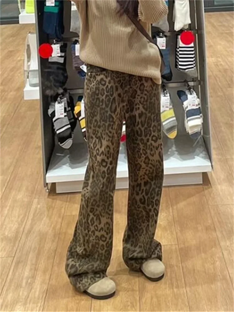 여성용 레트로 레오파드 무늬 프린트 청바지, 하이 웨이스트, 헐렁한 캐주얼 스트레이트 데님 바지, 스트리트웨어 Y2k 와이드 레그 청바지, 2024 신상