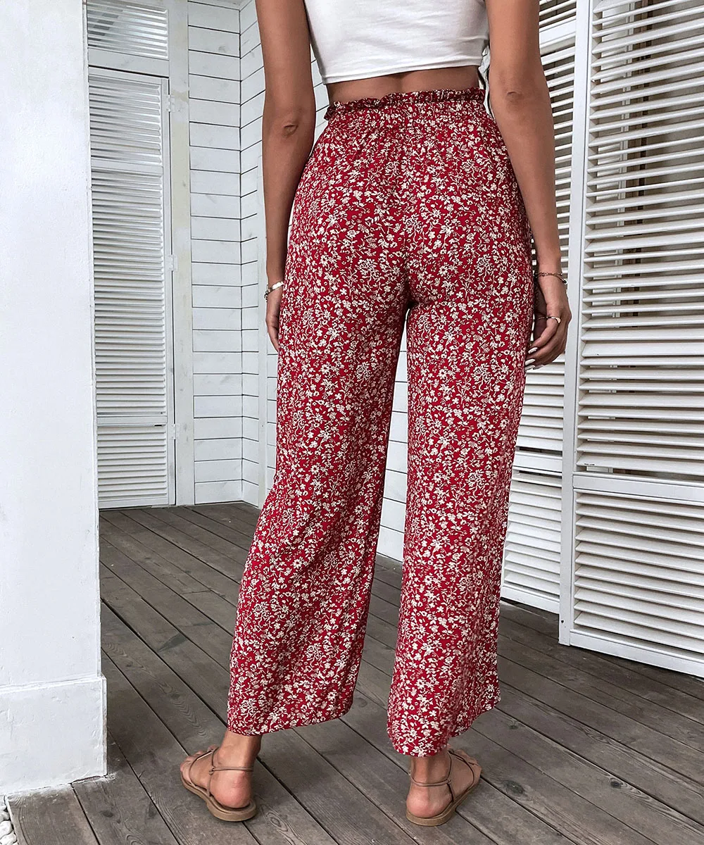 crop pants for women Benuynffy Holiday Ditsy Floral Print Wide Leg Pants Women Summer High Elastic Waist Boho Casual Split Trousers For Women black ripped jeans