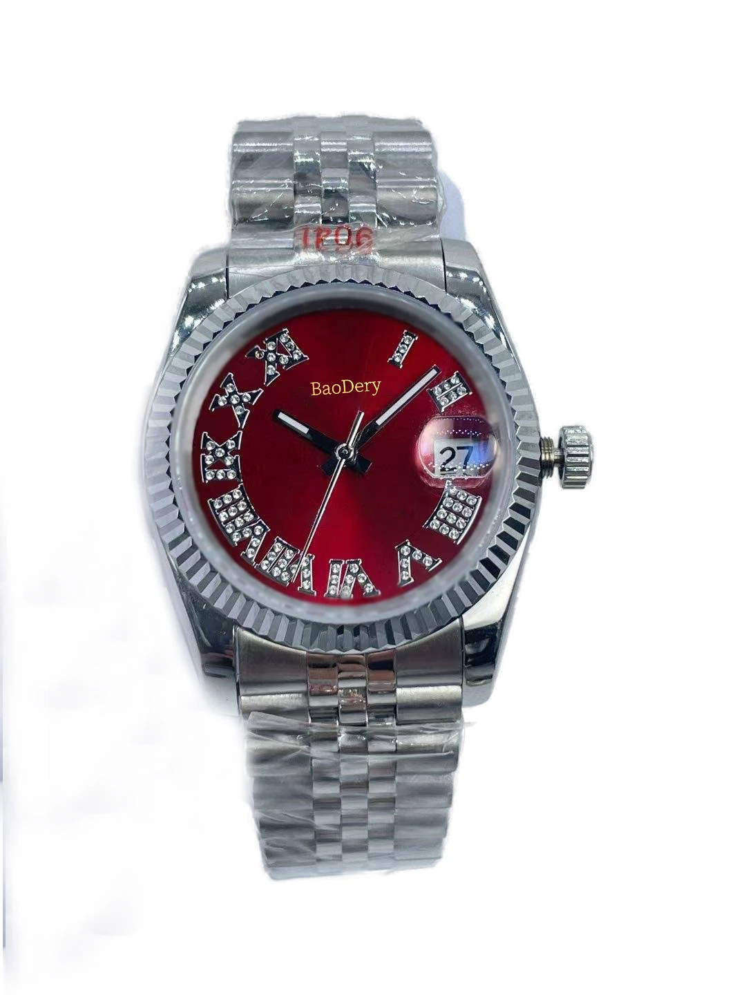 

36mmWomen's Waterproof Watch with Roman Numerals - , Diamond Bezel, Stainless Steel Strap