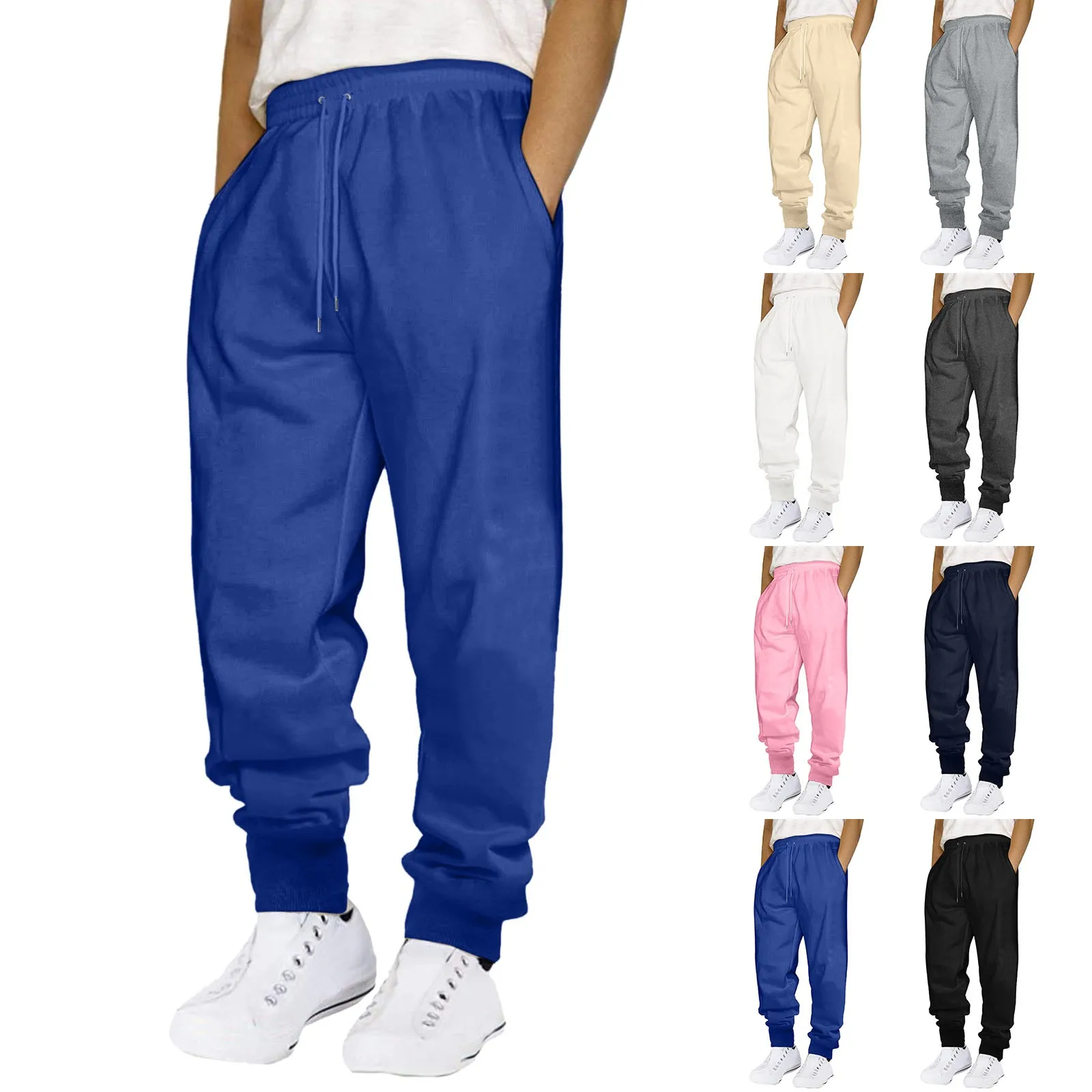

Male Pants Casual Fitness Running Trousers Drawstring Waist Solid Color Pants Autumn Winter Loose Fleece Sweatpants Pantalon
