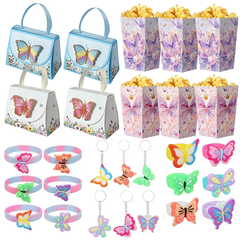 Schmetterling Thema Mädchen Silikon Armbänder Schmetterling Schlüsselanhänger Ring Popcorn Box Schmetterling Süßigkeiten Tasche Stuffer Geburtstag Party Gefälligkeiten