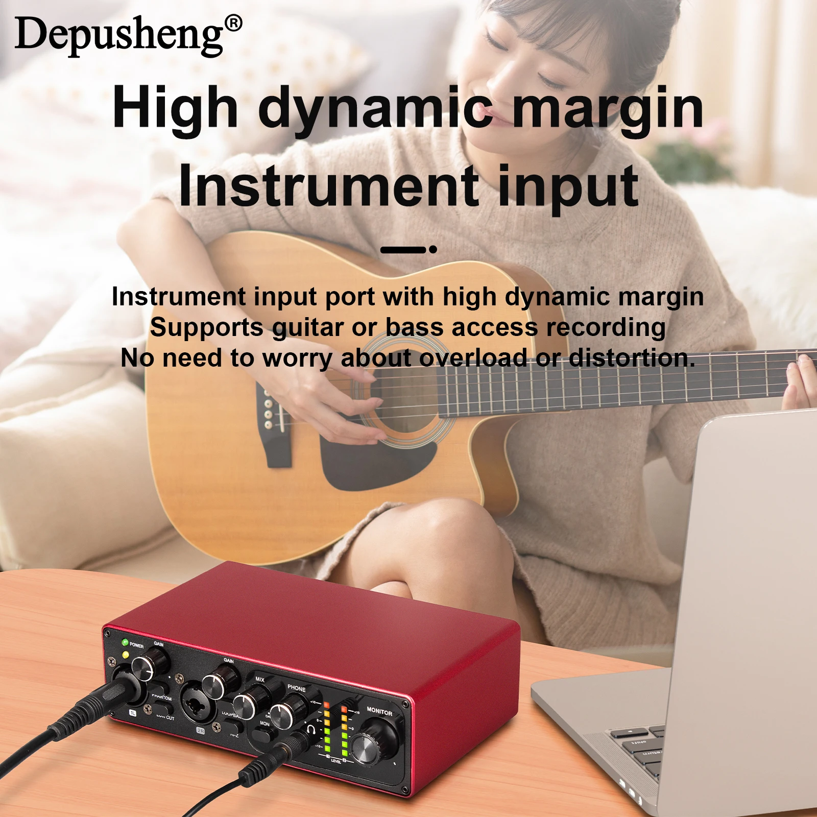 Professional Sound Card Depusheng MK22P USB Audio Interface 48v Phantom Power Supply Live Studio Streaming Podcasts