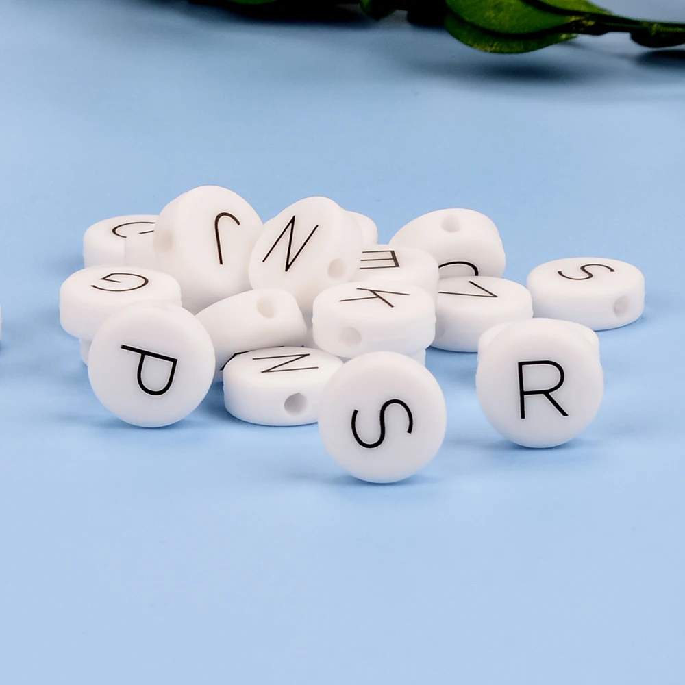 LOFCA 12 mm 100 Stück flache runde Silikonperlen in Lebensmittelqualität, Buchstaben-Beißringe, lose Kau-Alphabet für personalisierte Namens-DIY – Detail 8
