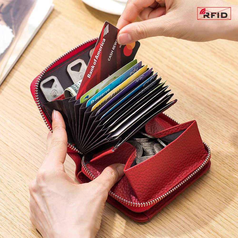 Genuine Leather Small Wallet for Women Men RFID Blocking ID Card Holder Zipper Key Purse Short Hasp Wallets for Mother Day Gift