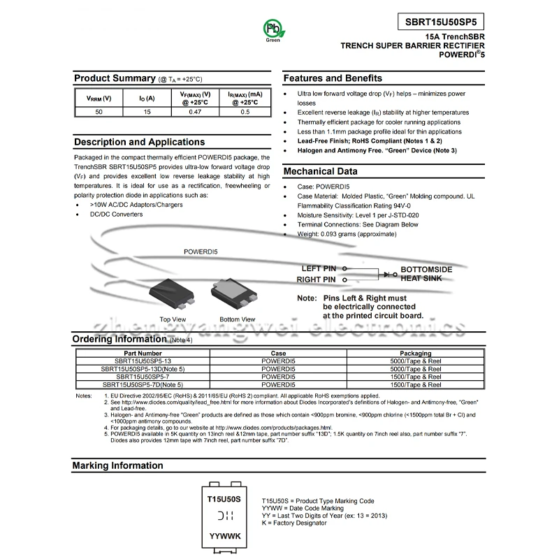 5PCS SBRT15U50SP5-13 PowerDI-5 T15U50S TO-SBRT15U50SP5 Super Barrier Gleichrichter (SBR) – Detail 2