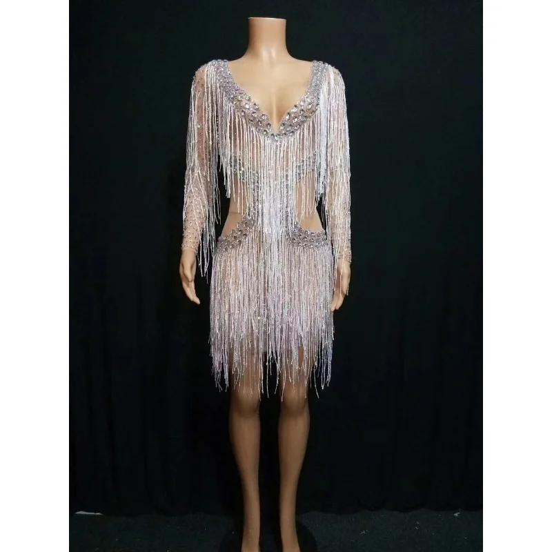 

Rhinestones Tassel Costume Prom Party Celebrate Birthday Dress Sexy Women Short Dress Singer Show Stage Wear New 2022