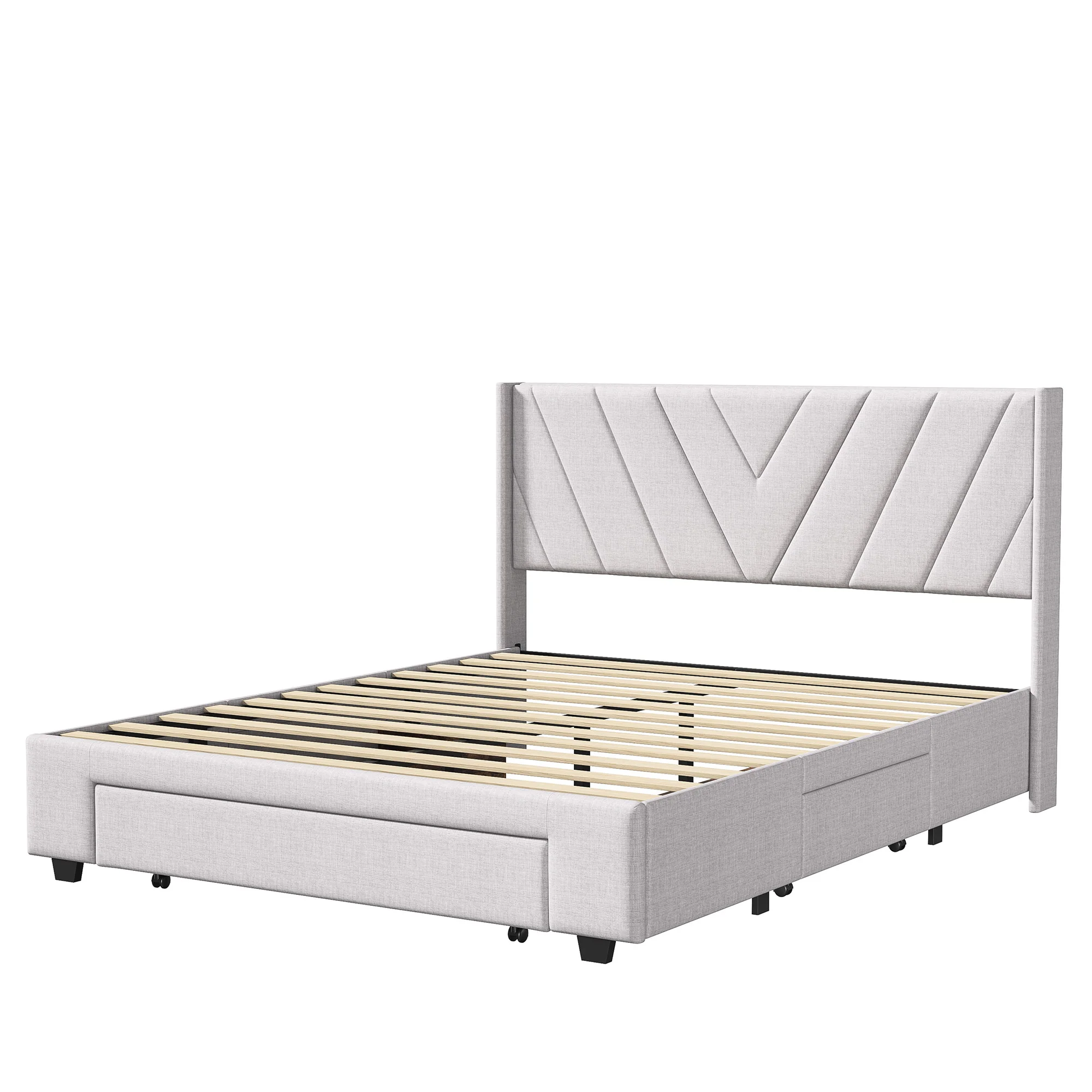 Rosahqnda Modernes Doppelbett mit Schubladen, 140/160 x 200 cm, 3 Schubladen, gepolstert, beigefarbenes Leinen, ohne Matratze – Detail 6