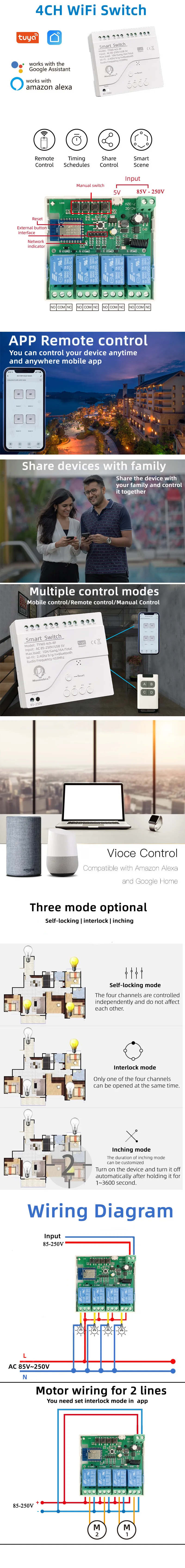Wi-Fi Smart Switch 250V 1/2/4 Channel Tuya Smart Life APP ,Home Circuit Automati