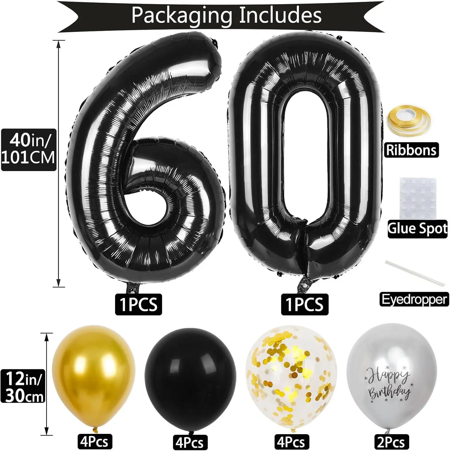 40 Zoll Schwarze Große Zahlen 16/18/21/30/40/50/60 Jahre Set mit Glitzer-Latexballons für Erwachsene Männer Geburtstagsdekoration – Detail 12