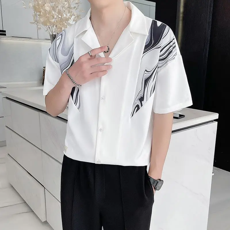 Elegant Fashion Harajuku Slim Fit Ropa Hombre Loose Casual Sport All Match Shirt Pointed Collar Ice Shreds Middle Sleeve Blusa