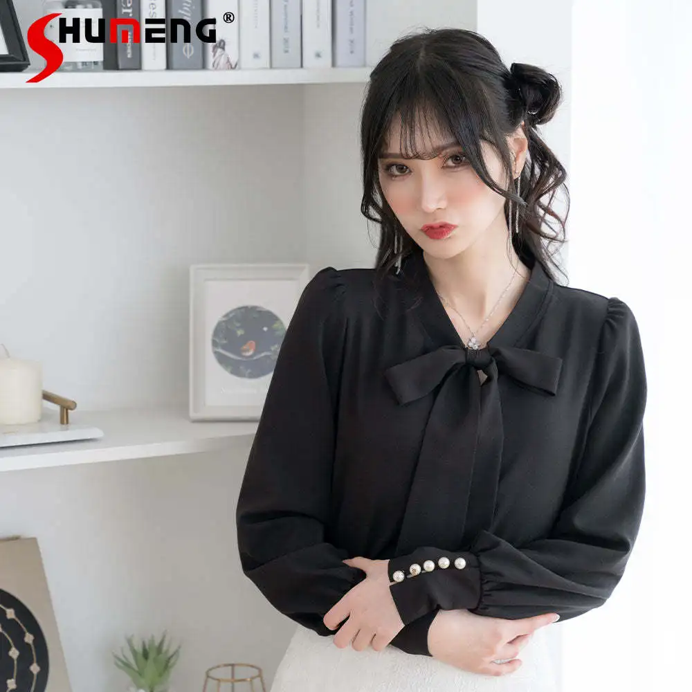 

Sweet Lace-up Pearls Bowknot Shirt Lolita Tops 2024 Spring New Cute Japanese Style V-neck Solid Color Long Sleeve Blouse Women