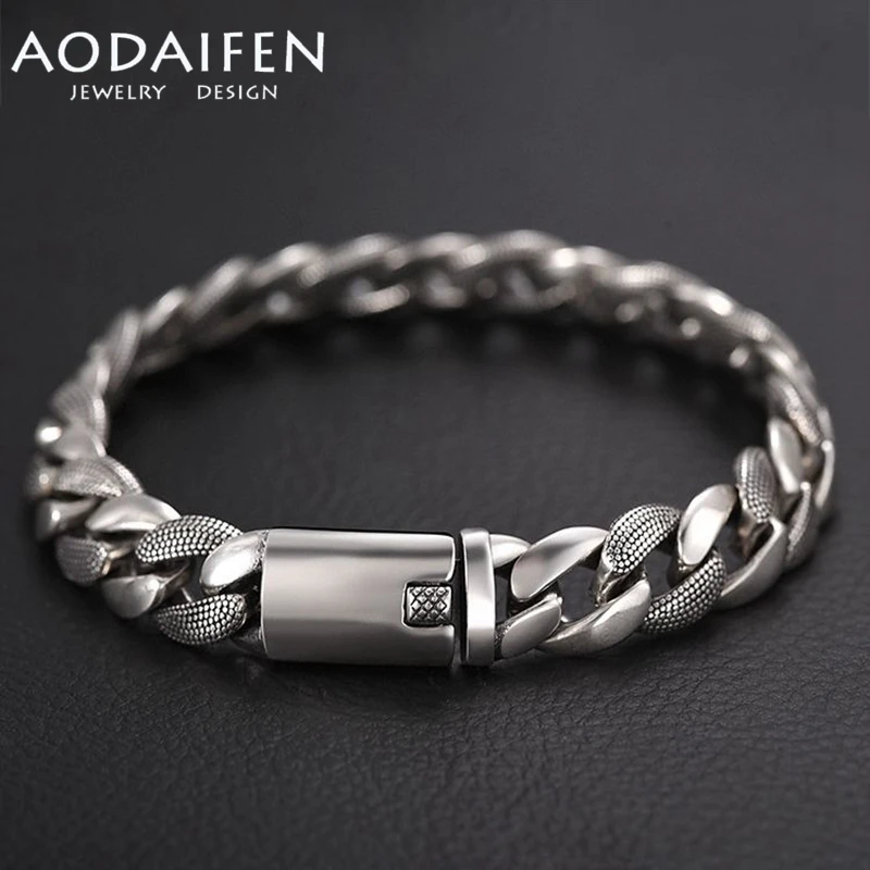 

AODAIFEN S925 Sterling Silver Simplicity European and American 10MM Punk Cuban Python Pattern Bracelet Men's Trendy Jewelry Gift