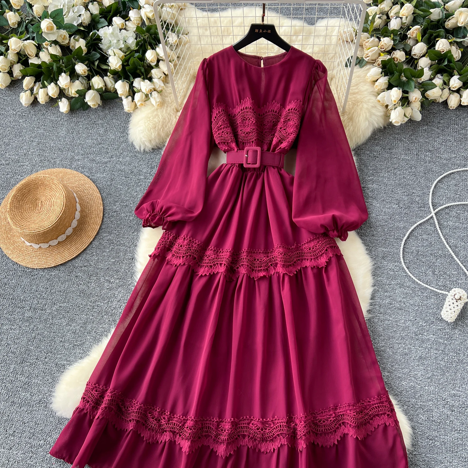 French Vintage O Neck Hollow Out Lace Patchwork Long Lantern Sleeves Korean Fashion Dresses Women's Autumn Waist Sweet Clothing
