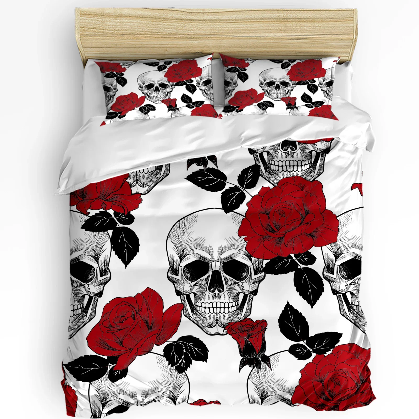

3pcs Bedding Set Red Roses Skulls Flower Home Textile Duvet Cover Pillow Case Boy Kid Teen Girl Bedding Covers Set