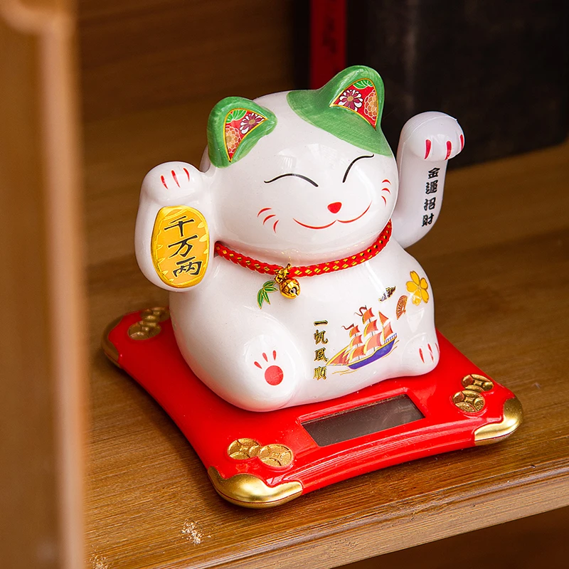 4.5 Inch Ceramic Beckoning Lucky Cat Solar Powered Fortune Cat