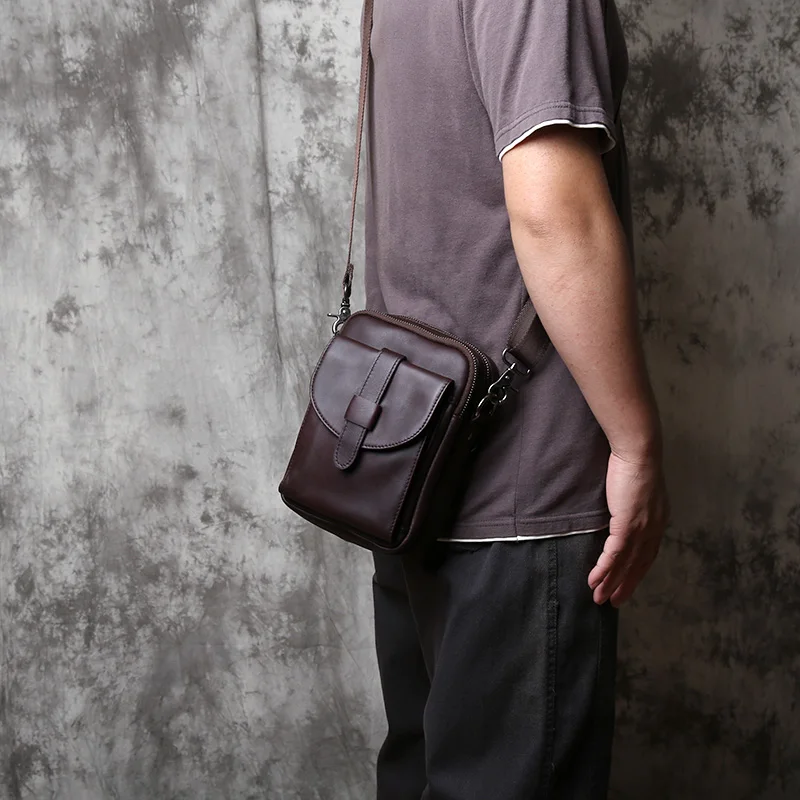 NZPJ Vintage Genuine Leather Men's Shoulder Bag Natural Cowhide Crossbody Bag Casual Small Backpack Suitable for 8-inch iPad