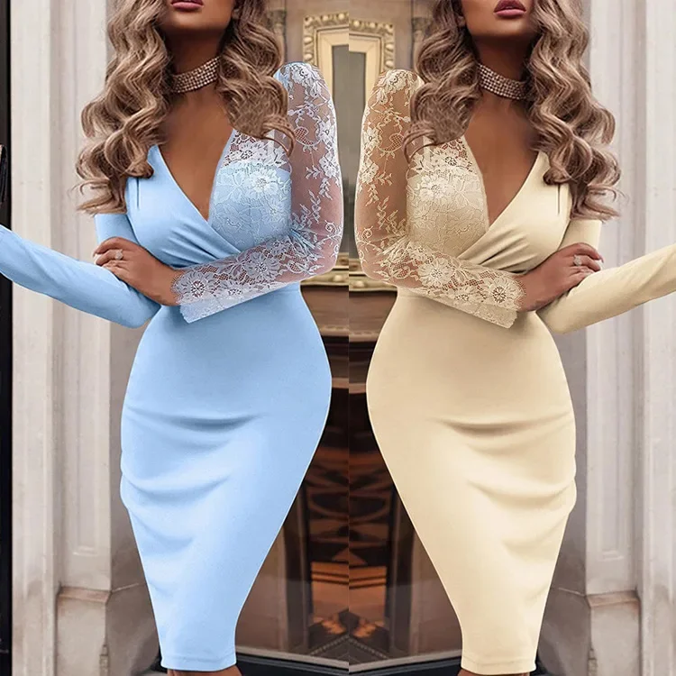 

2023 autumn and winter Europe and the United States new deep V long-sleeved lace patchwork slim-fit hip wrap dress