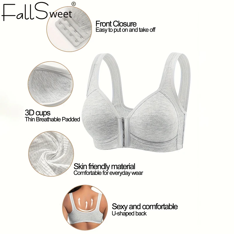 Fallsweet Seamless Front Closure Bra For Women Solid Wire-Free Push Up Bralette Full Coverage Fixed Cups