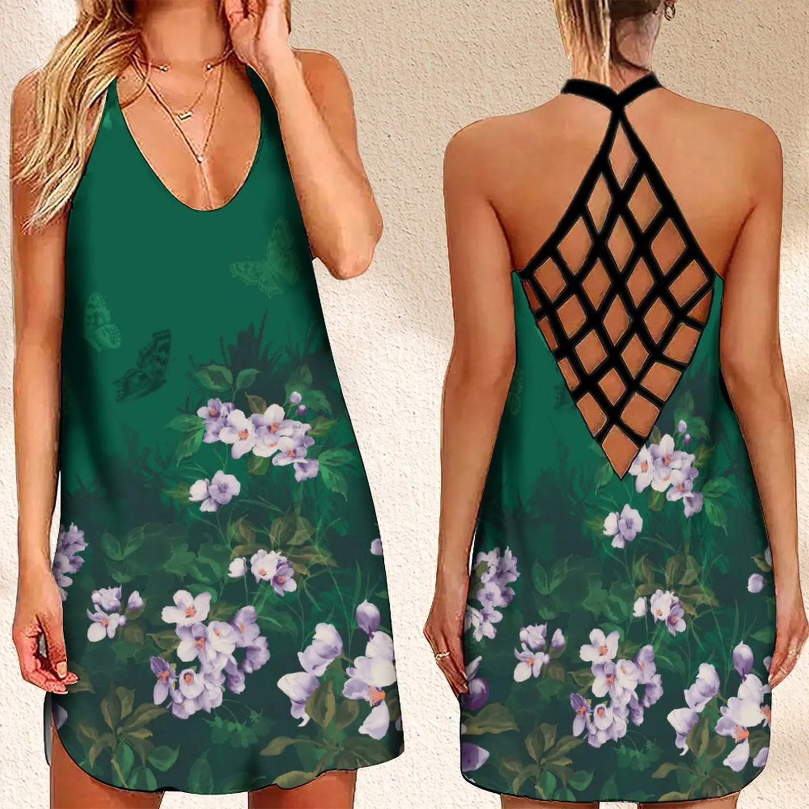 

Fashion Women's Criss Cross Backless Sleeveless Dress Flowers Print Sexy Evening Dress