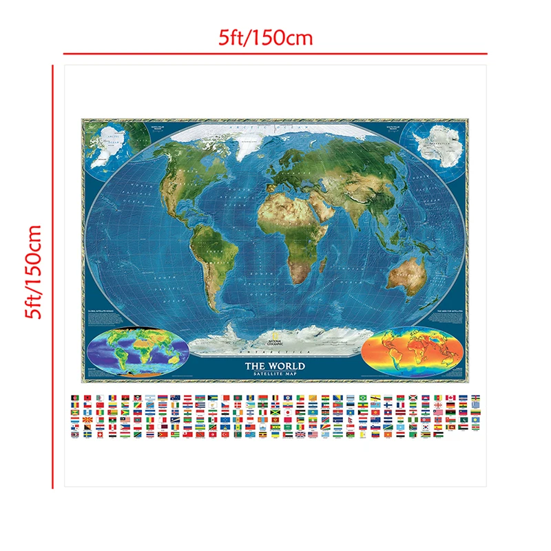 150X150cm Non-woven Spray World Map The World Satellite Map with Country Flag and Surface Temperature