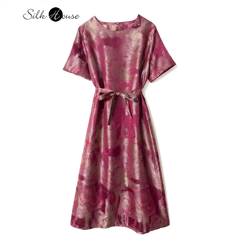 

2024 Women's Summer Fashion New Rose Red Lotus Print (Wide Belt) 100% Natural Mulberry Silk Song Brocade Short Sleeve Dress