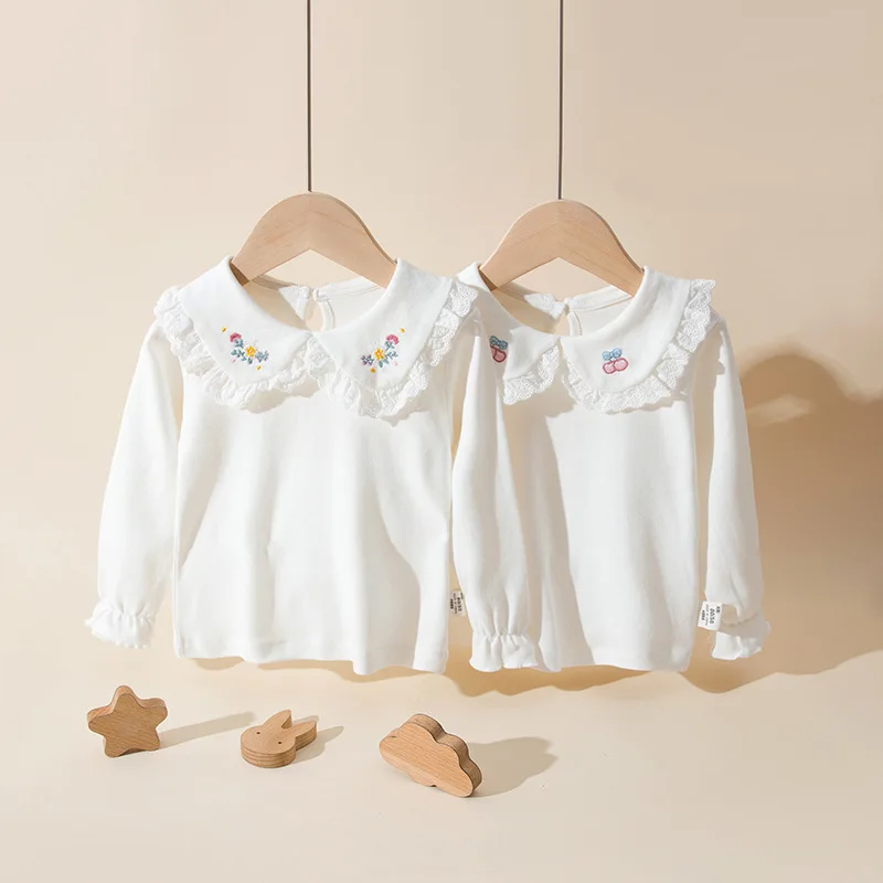 2025 Spring Autumn Baby Girls Tops Cotton Lace Collar Embroidery Long Sleeve Toddler Girls Shirts Kids Girls Bottoming Shirts 2