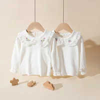 2025 Spring Autumn Baby Girls Tops Cotton Lace Collar Embroidery Long Sleeve Toddler Girls Shirts Kids Girls Bottoming Shirts 2