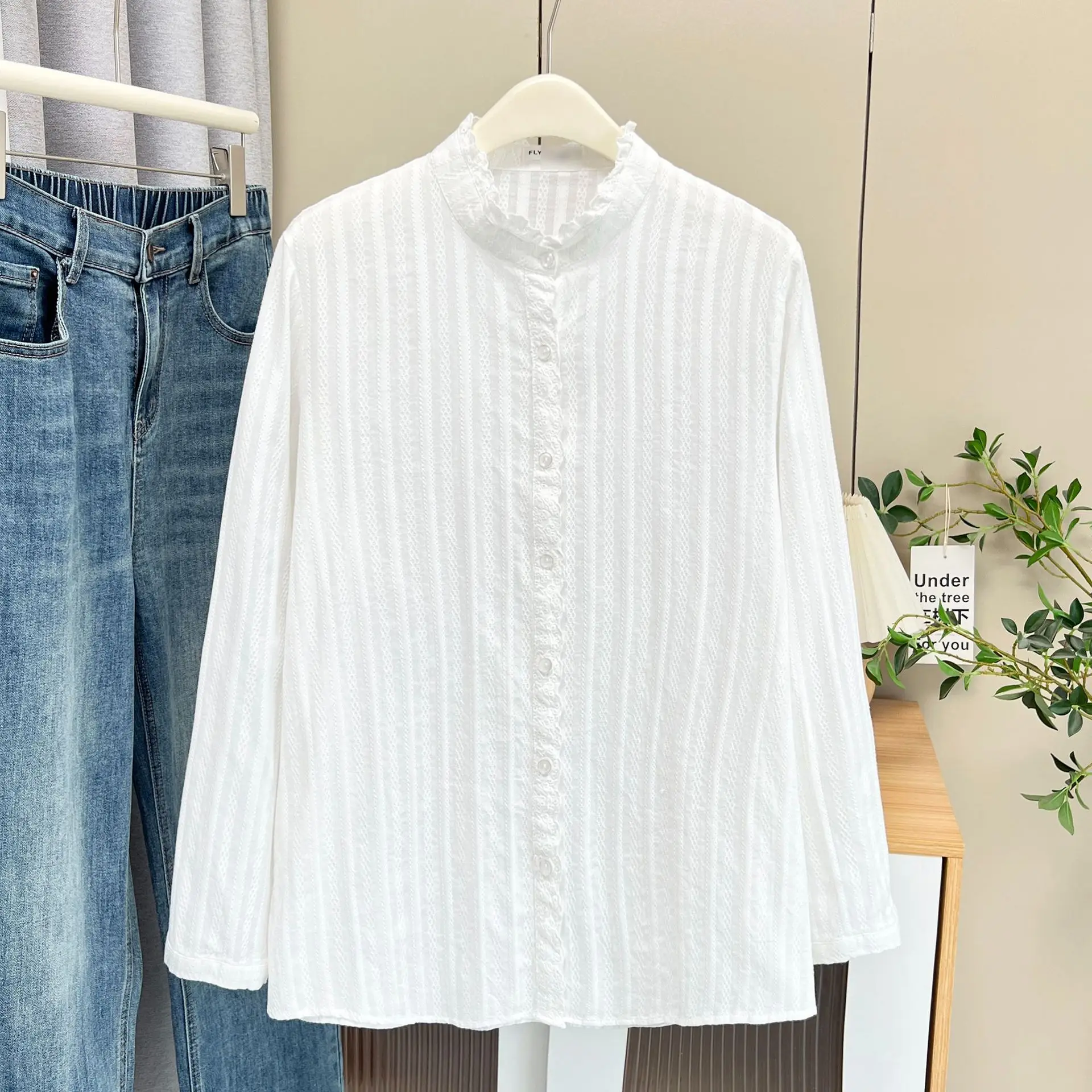 Plus Size Women's Blouses 2025 Autumn New Style Casual Ruffled Collar Vertical Long Sleeved Cotton Shirt 9088