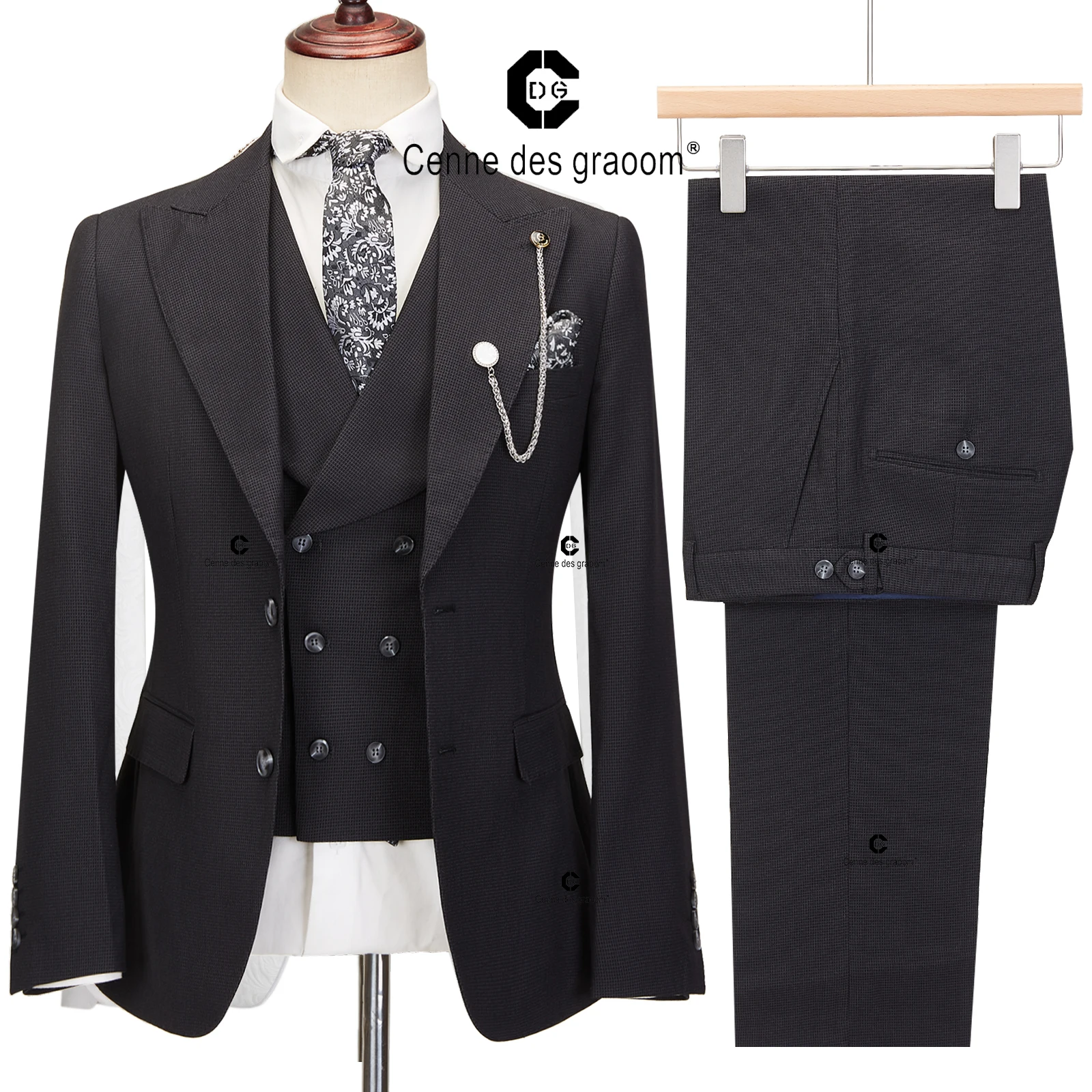 Cenne Des Graoom 2024 Elegant Men Suits Single-Breasted Plaid Two Button Blazer Waistcoat Pants 3 Piece Set Classic Fit Formal 3