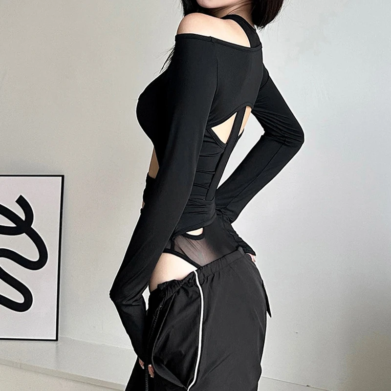 Goth Dark Cyber Y2k Punk Hollow Out Sexy Bodysuits Mall Gothic Bodycon Mesh Sheer T-shirts Women Long Sleeve Patchwork Bodysuit