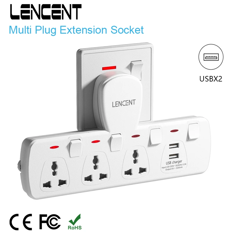 LENCENTMultiPlugExtensionSocketwith3ACOutlets2USBPorts