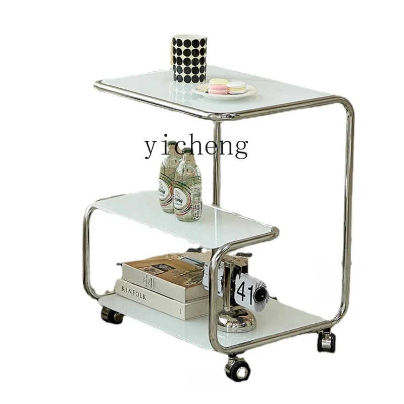 

ZC Household Glass Mobile Coffee Table Living Room Trolley Sofa Side Table Small Apartment Corner Table