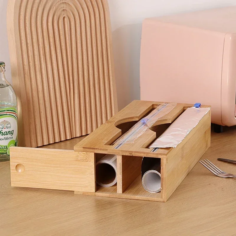4in1 Bamboo Compartment Cling Film Tin Foil Cutter Box With Kitchen Paper Wall Mounted Paper Towel Kitchen Organizer Accessories 4