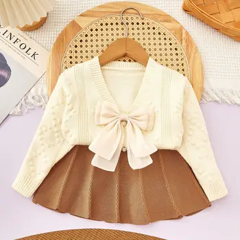 Autumn Winter Toddler Girl 2PCS Clothes Set Bow V-collar Long Sleeve Cardigan Knitted Coat Solid Pleated Skirts Baby Girl Outfit 1