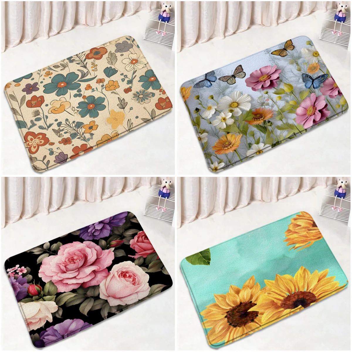 

Flowers Bath Mat Vinatge Watercolor Floral Plants Non-slip Bathroom Rug Butterflies Sunflower Blossom Bathtub Mat for Home Decor