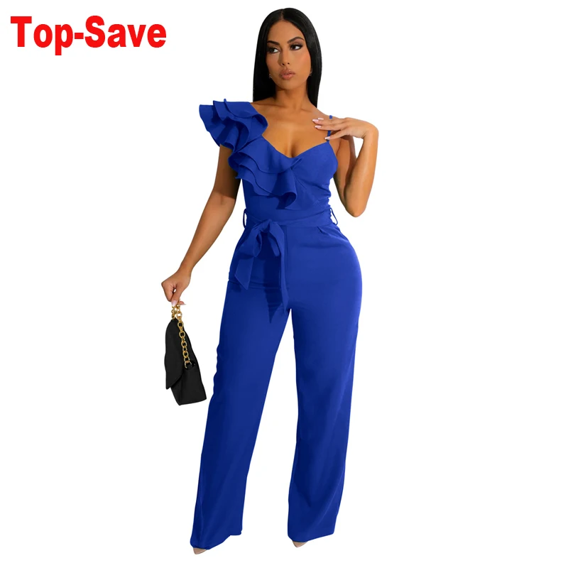 

Fashion Ruffles Ladies Overalls One Shoulder Sleeveless Deep V-Neck Loose Solid Color Jumpsuit For Women Street Casual Wear Body