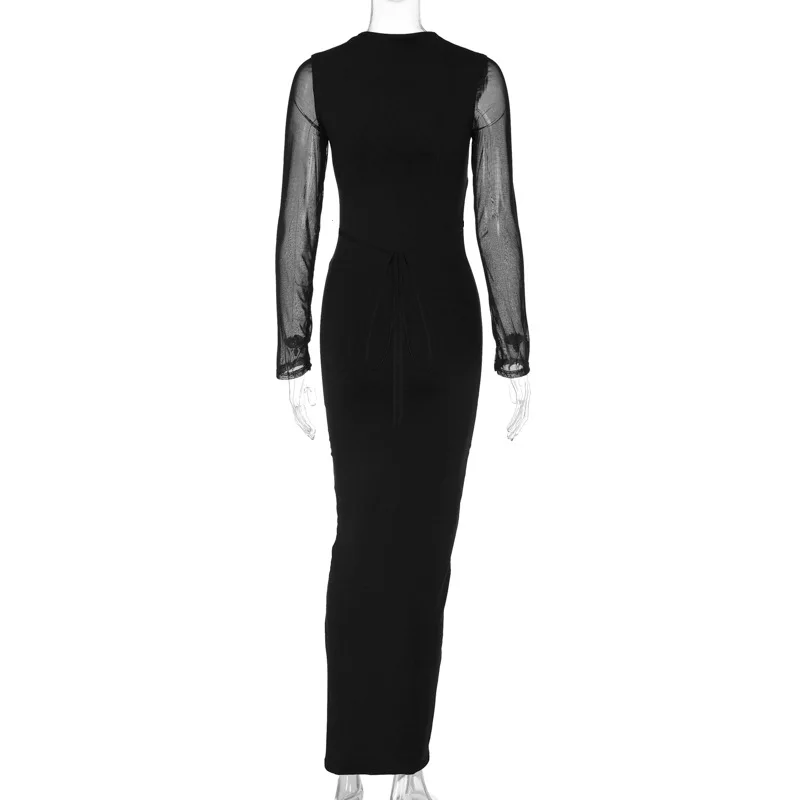 Vestido largo de malla con encaje y aberturas - Elegante vestido de fiesta con escote en V y banda elástica