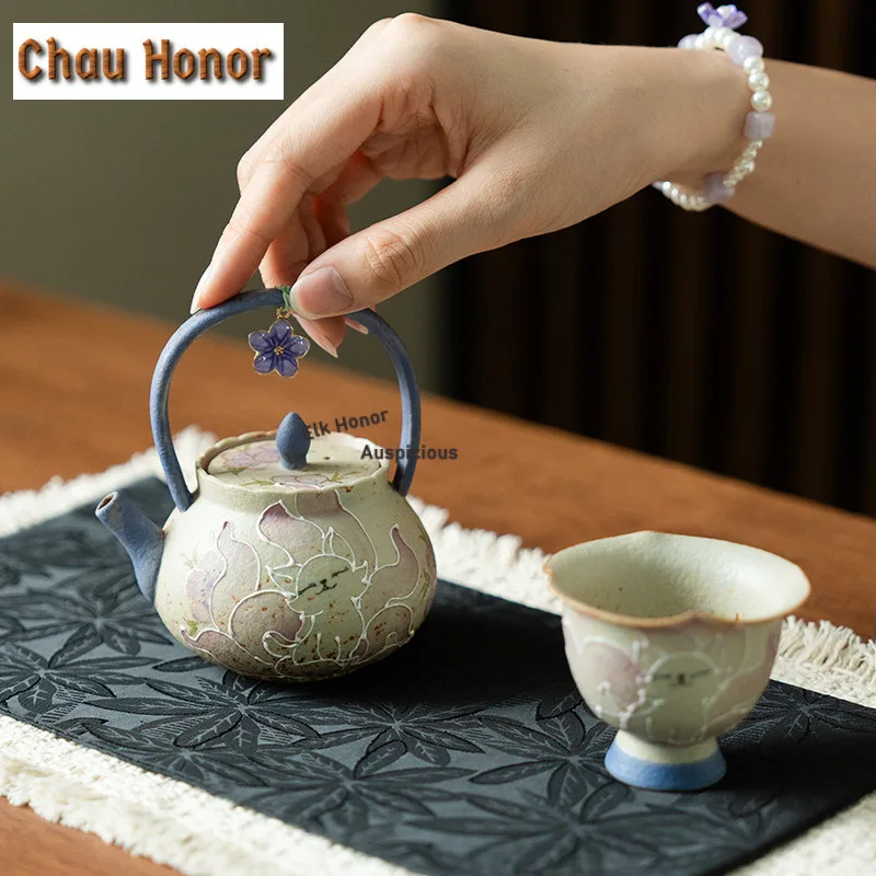 125ml Hand-drawn Nine-tailed Fox Lifting Handle Teapot Boutique Tea Infuser Pot Tea Soaking Kettle with Filter Tea Items Craft