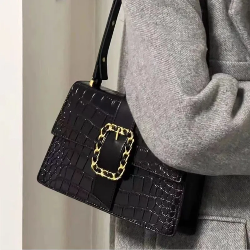 Retro Faux Crocodile Tote Bag Women Square Leather Buckle Exquisite Shoulder Bags Ladies Fashion Luxury High End Crossbody Bag