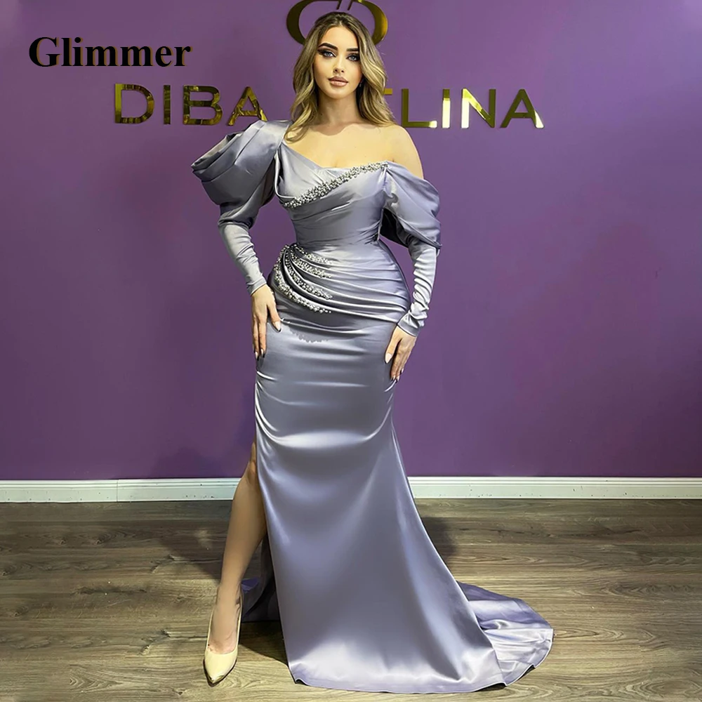 

Glimmer Charming Trumpet Graduation Dresses Beadings Satin Side Slit Pleat Zipper Brush Train Robes De Soiree Personalised