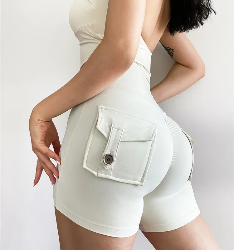 Yoga Shorts Naked Sensation Fabric High-Waisted Pocket Workout Tights Women Stretchy Elastic Activewear Fitness Sport Shorts